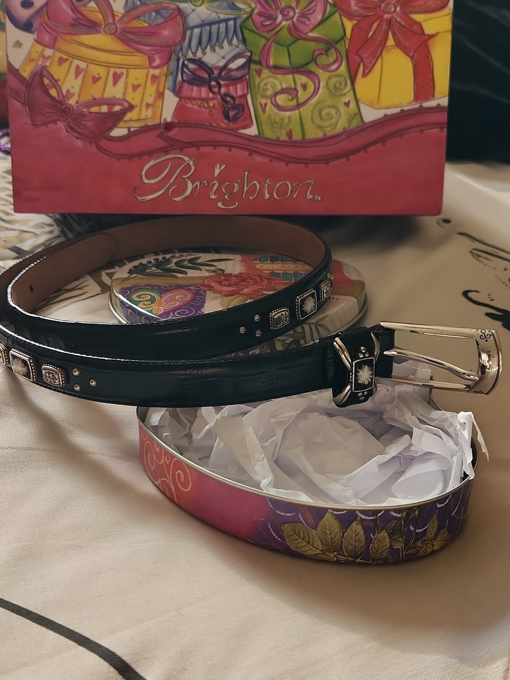 BRIGHTON Water Lily Black Leather Belt